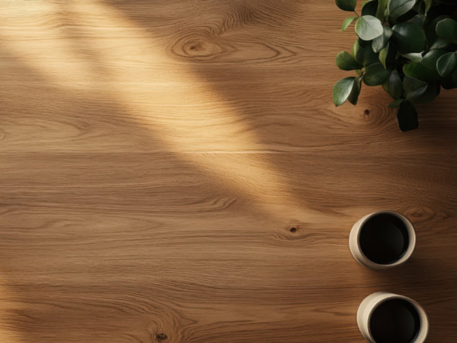 Wooden table bathed in soft sunlight, featuring two potted plants—one with thin green leaves and one with round leaves—and two cups of dark liquid, creating a warm and inviting scene.
