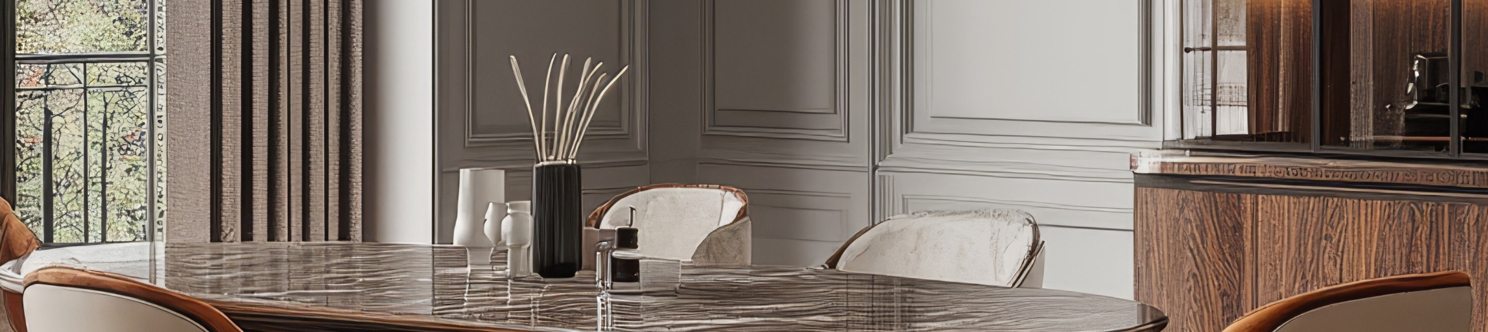 Modern dining room with dark wood table, white upholstered chairs with orange accents, and illuminated glass-front cabinet.