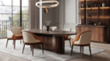 Modern dining room with dark wood table, white upholstered chairs with orange accents, and illuminated glass-front cabinet.