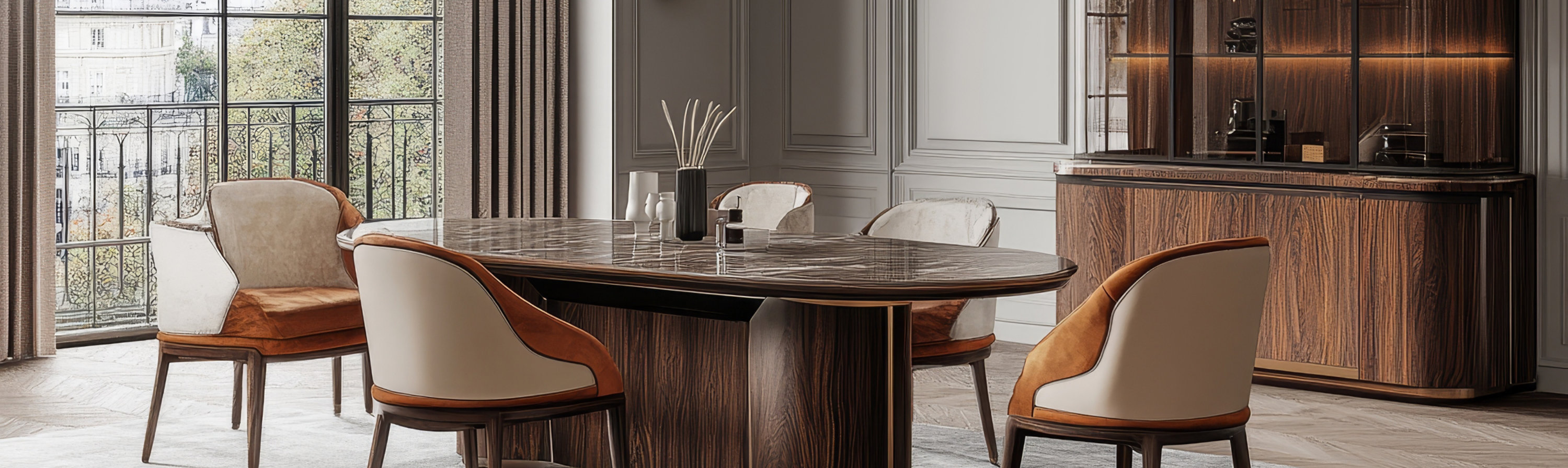 Modern dining room with dark wood table, white upholstered chairs with orange accents, and illuminated glass-front cabinet.