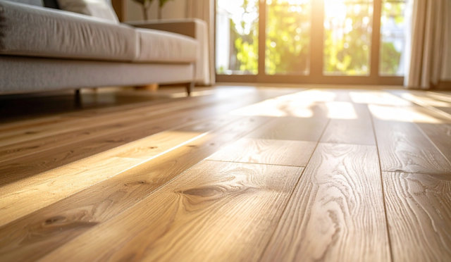 Close-up of natural wood grain flooring in a sunlit living room, with light and shadow patterns and a sofa in the background.