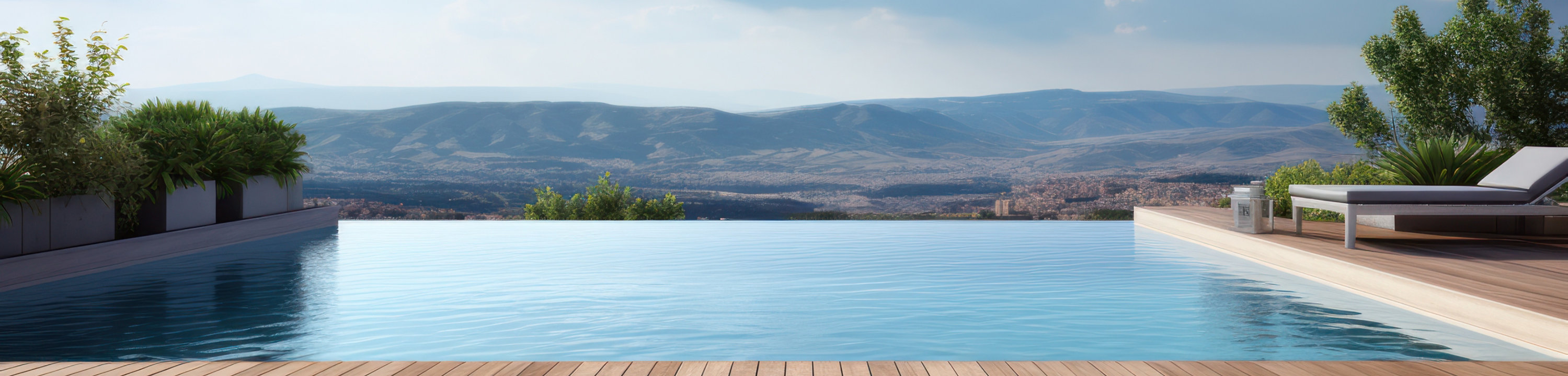 Infinity pool with wooden deck and mountain view.