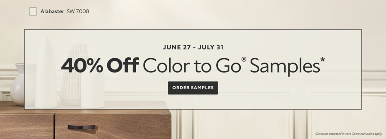 June 27 - July 31. 40% OFF Color To Go® Samples. *Discount activated in cart. Some exclusions apply.