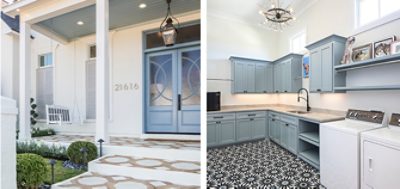 Left image: Exterior entryway with white columned porch, white painted swing, and light blue double entry doors with circle motif on frosted glass.  Right image: Spacious laundry room with light blue painted cabinetry, washer and dryer, high ceilings and ornate tiled floor.
