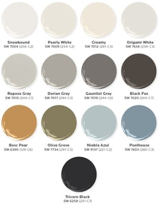 Graphic of thirteen paint dollops depicting the full color palette Aimee Walker used in her design for the featured project.