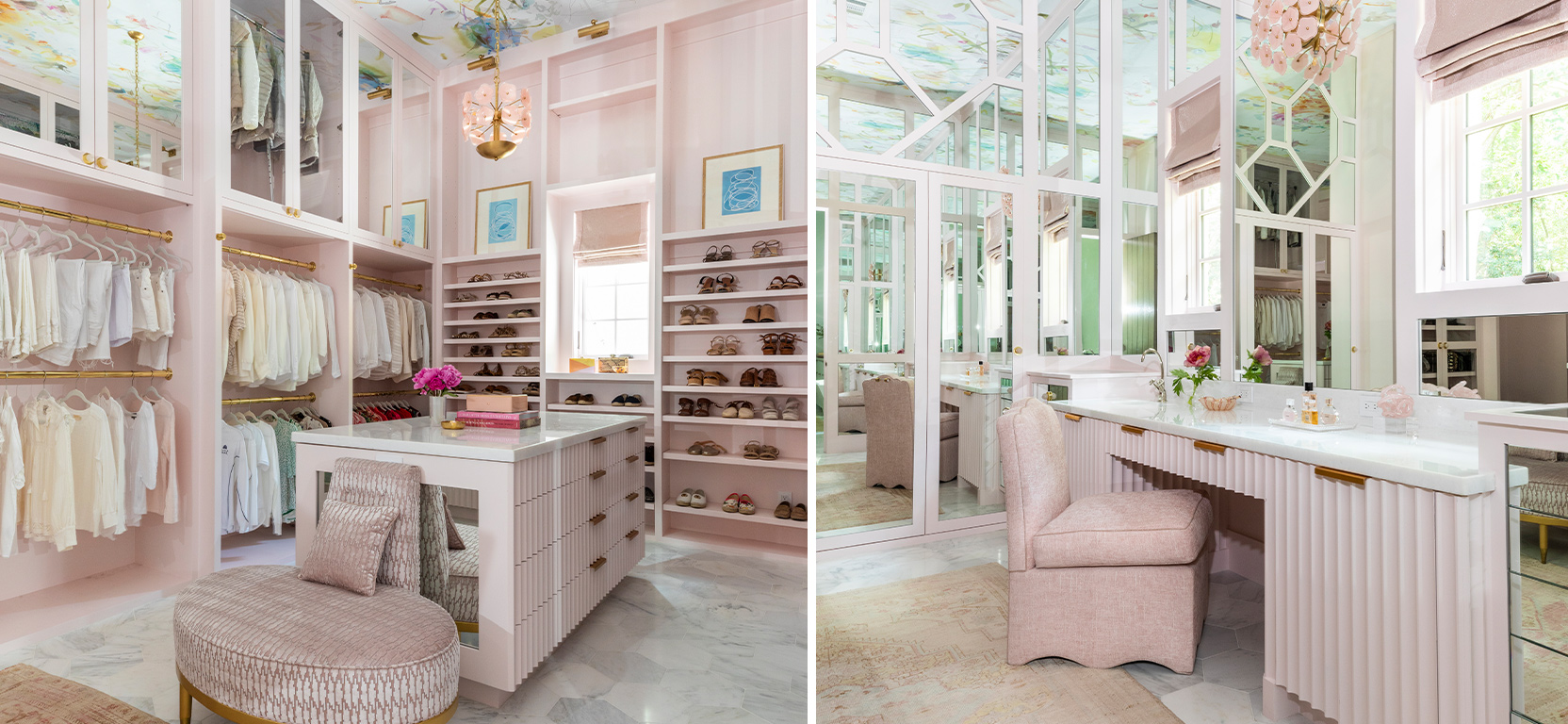 (left image): Pastel pink walk-in closet with high wallpapered ceiling, gold accents, marble-topped island, and neatly displayed shoes and clothing. (right image): Pastel pink fluted vanity area with pink upholstered chair and high floor-to-ceiling mirrors.