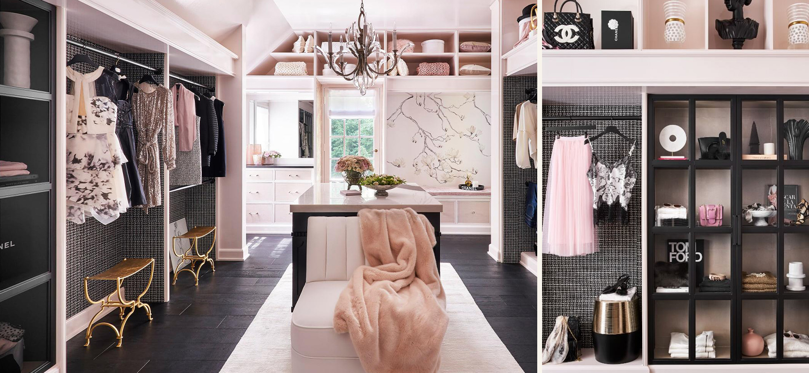 Left, a large sunlit walk-in closet with pastel pink walls, clothing racks, elegant chandelier, and mural of a branch on one wall. Right, a Detail shot of pink Chanel-inspired closet with neatly displayed clothes and accessories on black shelving. 