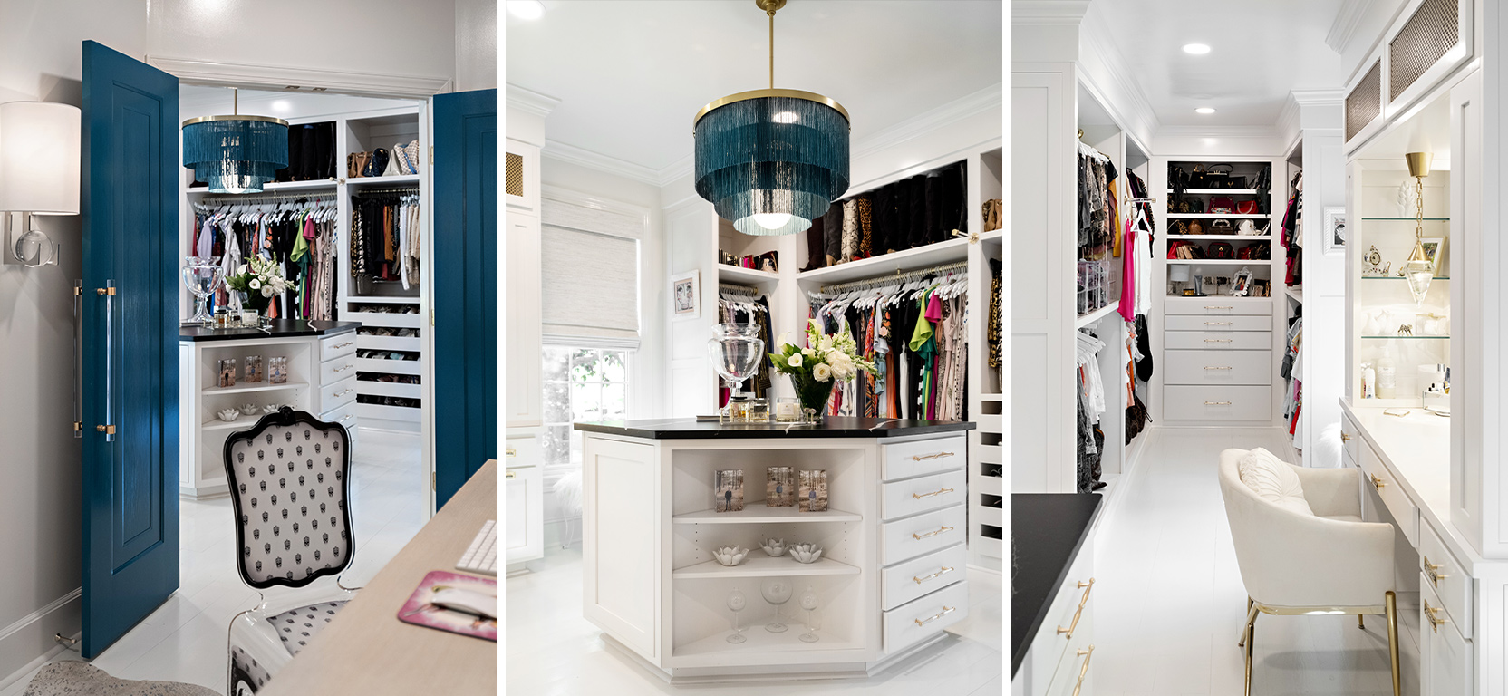(left image): View from desk showing teal double doors with clear acrylic handles open to a large walk in closet beyond.  Alt text (middle image): Closer look at walk-in closet center island with black top, dark teal fringe chandelier, hanging clothes and window behind. (right image): Vanity space in white walk-in closet with gold accents and recessed lighting.