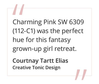 Quote "A coat of Charming Pink SW 6309 (112-C1), fluted millwork, and a marble-topped vanity complete this glamorous “grown-up girl retreat” " by Courtnay Tartt Elias, Creative Tonic Design.