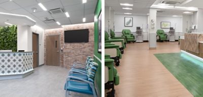 Left image: Reception area with tiled desk with living accent wall behind, blue chairs facing opposite and exposed light brick on rear wall with mounted flatscreen TV. Right image: Dialysis treatment area with light wood-look flooring, white and gray walls and green accents including treatment chairs and botanical motifs and artwork on walls.