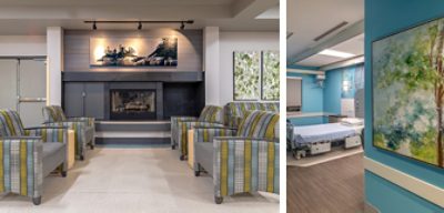 Left image: Seating in front of a fireplace in a healthcare waiting area with four chairs and side tables with artwork hanging above the fireplace. Right image: Patient room in the same facility with blue walls and abstract tree painting in foreground.