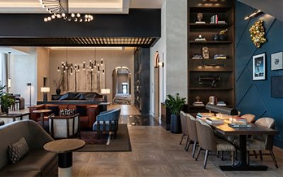 Lobby gathering areas of the Thompson Savannah hotel.