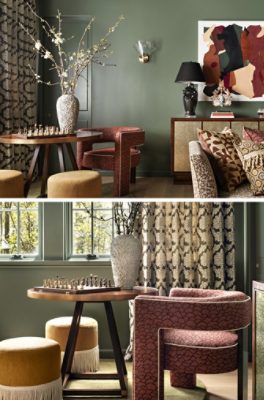 Elegant living room with olive-green walls painted in Rosemary by Sherwin-Williams, abstract art, decorative vases, patterned furniture, and natural light from windows framed by floor-to-ceiling patterned curtains.