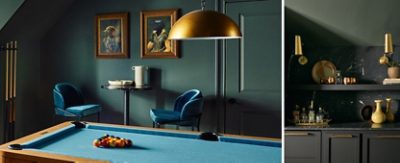 A stylish residential recreation room color-drenched in Pewter Green by Sherwin-Williams, featuring a sofa, billiard table, and antique brass decorative elements; with detail shot of bar area.