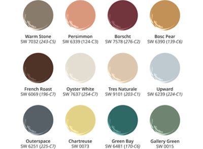 Sherwin-Williams paint dollops in a 3 by 4 image, warm stone SW 7032, Persimmon SW 6339, Borscht SW 7578, Bosc Pear SW 6390, French Roast SW 6069, Oyster White SW 7637, Tres Naturale SW 9101, Upward SW 6239, Outerspace SW 6251, Chartreuse SW 0073, Green Bay SW 6481, and Gallery Green SW 0015.