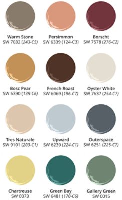 Sherwin-Williams paint dollops in a 3 by 4 image, warm stone SW 7032, Persimmon SW 6339, Borscht SW 7578, Bosc Pear SW 6390, French Roast SW 6069, Oyster White SW 7637, Tres Naturale SW 9101, Upward SW 6239, Outerspace SW 6251, Chartreuse SW 0073, Green Bay SW 6481, and Gallery Green SW 0015.