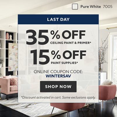 Last Day. 35% off Ceiling Paint & Primer* 15% off Paint Supplies* Online Coupon Code: WINTERSAV. Shop Now. *Discount activated in cart. Some exclusions apply.