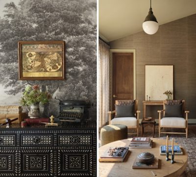 Detail shots of an ornate console topped with antiques in front of vintage landscape wallpaper; an image of a cozy sitting room with two chairs, a round coffee table, and grasscloth walls with a slanted ceiling. 