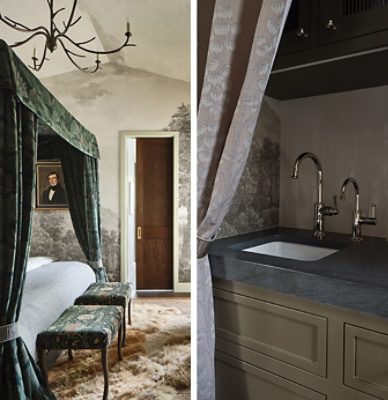 Image of a bedroom with a canopy bed and a wet bar kitchenette with a sink and chrome faucets behind a curtain. 