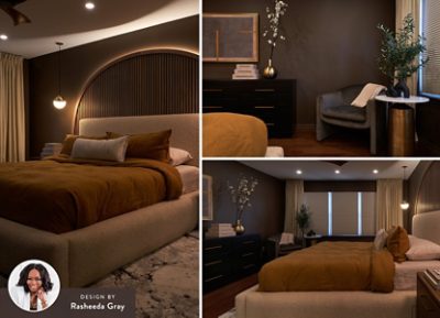 Modern bedroom with rust and beige bed, unique lighting, dark dresser, gray armchair, and decor elements, with a headshot of designer Rasheeda Gray in the corner of the image. 