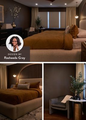 Modern bedroom with rust and beige bed, unique lighting, dark dresser, gray armchair, and decor elements, with a headshot of designer Rasheeda Gray in the corner of the image. 
