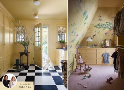 Entryway with yellow walls and a checkered floor; ducks at the door. Children's room with a wall mural and toys. Both principal designers of Kobel + Co are pictured in the corner of the image.