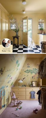 Entryway with yellow walls and a checkered floor; ducks at the door. Children's room with a wall mural and toys. Both principal designers of Kobel + Co are pictured in the corner of the image.