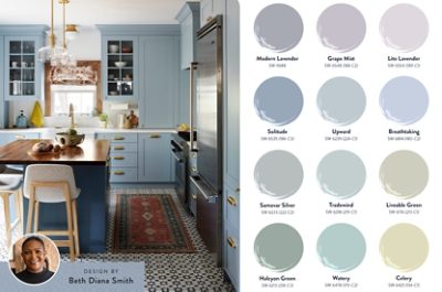Photo of a modern kitchen with blue cabinetry, with a headshot of designer Beth Diana Smith in the corner of the image, alongside swatch graphics featuring the twelve colors of the Airy/Atmospheric Frosted Tints palette. 