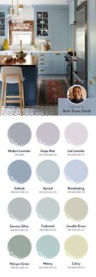 Photo of a modern kitchen with blue cabinetry, with a headshot of designer Beth Diana Smith in the corner of the image, alongside swatch graphics featuring the twelve colors of the Airy/Atmospheric Frosted Tints palette. 
