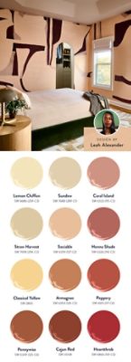 Photo of a bedroom with abstract peach and brown wallpaper, with a headshot of designer Leah Alexander in the corner of the image, alongside swatch graphics featuring the twelve colors of the Gleam/Glow Sunbaked Hues palette.