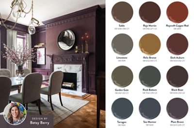 Photo of a luxurious dark purple dining room with a fireplace, beige chairs, and a chandelier, with a headshot of designer Betsy Berry in the corner of the image, alongside swatch graphics featuring the twelve colors of the Serene/Subdued Restorative Darks palette. 