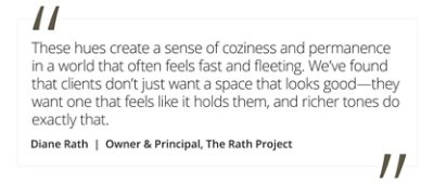 Graphic featuring the quote “These hues create a sense of coziness and permanence in a world that often feels fast and fleeting. We’ve found that clients don’t just want a space that looks good—they want one that feels like it holds them, and richer tones do exactly that,” by Diane Rath, owner and principal of The Rath Project.  