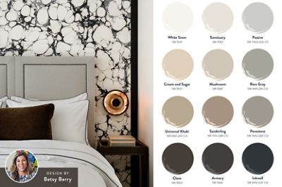 Photo of a bedroom with marbled accent wall, with a headshot of designer Betsy Berry in the corner of the image, alongside swatch graphics featuring the twelve colors of the Classic/Complex Foundational Neutrals palette. 