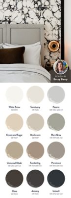 Photo of a bedroom with marbled accent wall, with a headshot of designer Betsy Berry in the corner of the image, alongside swatch graphics featuring the twelve colors of the Classic/Complex Foundational Neutrals palette. 