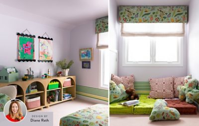 A children’s playroom with a bookshelf, colorful artwork, a cozy sitting area with cushions, and floral patterned pillows and window treatments, with a headshot of designer Diane Rath in the corner of the image. 