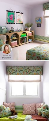 A children’s playroom with a bookshelf, colorful artwork, a cozy sitting area with cushions, and floral patterned pillows and window treatments, with a headshot of designer Diane Rath in the corner of the image. 