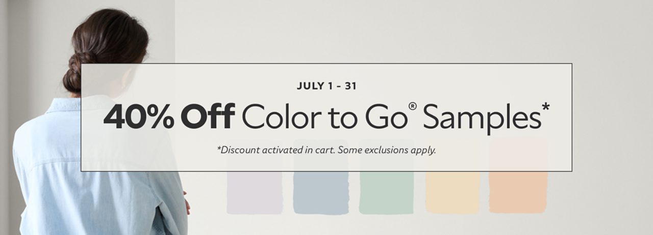 July 1-31. 40% OFF Color To Go® Samples. *Discount activated in cart. Some exclusions apply.