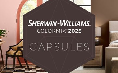 Dark brown hexagonal graphic that reads “Sherwin-Williams Colormix 2025, Capsules, superimposed over a split image with a desk and chair on the left and a serene bedroom on right.