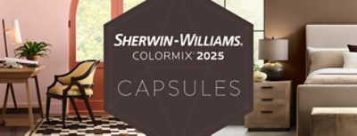 Dark brown hexagonal graphic that reads “Sherwin-Williams Colormix 2025, Capsules, superimposed over a split image with a desk and chair on the left and a serene bedroom on right.