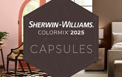 Dark brown hexagonal graphic that reads “Sherwin-Williams Colormix 2025, Capsules, superimposed over a split image with a desk and chair on the left and a serene bedroom on right.