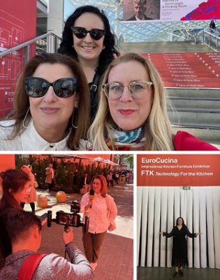 Images of Sherwin-Williams Colormix Trendsight Team members together at events, in front of event signage, and being interviewed on the streets of Milan.