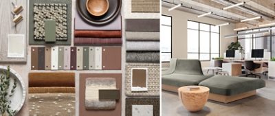 Left image: Flat lay moodboard featuring color samples from the Chrysalis palette and swatches of fabric, decor, and more.  Right image: Modern industrial-style office with walls in the color Shiitake, an olive green contemporary lounge sectional in foreground and open workspaces behind.