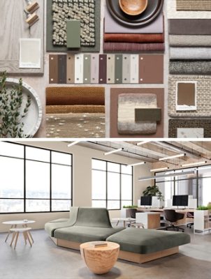 Top image: Flat lay moodboard featuring color samples from the Chrysalis palette and swatches of fabric, decor, and more. Bottom image: Modern industrial-style office with walls in the color Shiitake, an olive green contemporary lounge sectional in foreground and open workspaces behind.