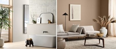 Left image: White freestanding bathtub in front of stone wall with light wood floors, Mindful Gray walls, and wood slat blinds in tall windows. Right image: Sitting area with modern upholstered sofa, marble-topped coffee table, and walls in the color Mexican Sand.