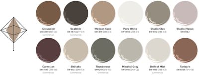 Twelve paint dollop graphics depicting the colors of the Chrysalis palette: Grounded, Sealskin, Mexican Sand, Pure White, Studio Clay, Studio Mauve, Carnelian, Shiitake, Thunderous, Mindful Gray, Drift of Mist, and Tanbark.