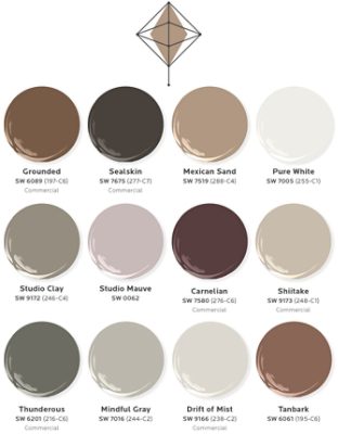 Twelve paint dollop graphics depicting the colors of the Chrysalis palette: Grounded, Sealskin, Mexican Sand, Pure White, Studio Clay, Studio Mauve, Carnelian, Shiitake, Thunderous, Mindful Gray, Drift of Mist, and Tanbark.