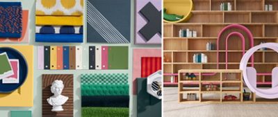Left image: Flat lay moodboard featuring color samples from the Paradox palette and swatches of fabric, decor, and more. Right image: A playroom area for children with floor to ceiling wooden cubbies and curving shapes painted Quilt Gold, Dragon Fruit, and Euphoric Lilac.