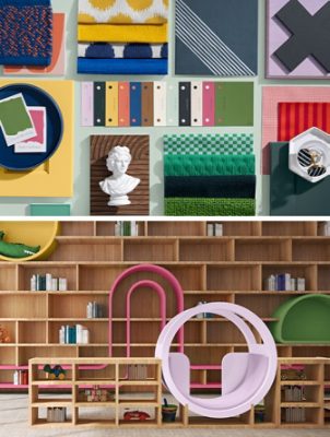 Top image: Flat lay moodboard featuring color samples from the Paradox palette and swatches of fabric, decor, and more. Bottom image: A playroom area for children with floor to ceiling wooden cubbies and curving shapes painted Quilt Gold, Dragon Fruit, and Euphoric Lilac.