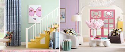 Left image: Stairwell painted in stripes of Quilt Gold and Alabaster with a graphic print of a face wearing sunglasses hung on the Slow Green wall. Right image: Colorful, eclectic living room with glass bubble chandelier and a bright pink and purple color scheme using Euphoric Lilac, Dragon Fruit, and Alabaster.