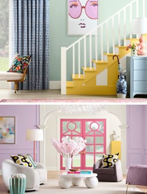 Top image:  Stairwell painted in stripes of Quilt Gold and Alabaster with a graphic print of a face wearing sunglasses hung on the Slow Green wall.. Bottom image:  Colorful, eclectic living room with glass bubble chandelier and a bright pink and purple color scheme using Euphoric Lilac, Dragon Fruit, and Alabaster.